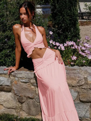 Plunge Neck Maxi Skirt Set in Pink — VerolynBoutique