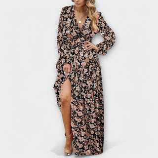 Floral V-Neck Tiered Maxi Dress in Coffee Brown — VerolynBoutique