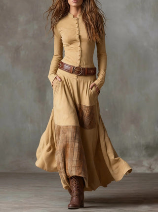 Check Panel Suede Maxi Dress in Camel — VerolynBoutique