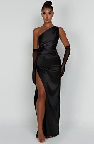 Draped Satin Evening Gown in Black — VerolynBoutique