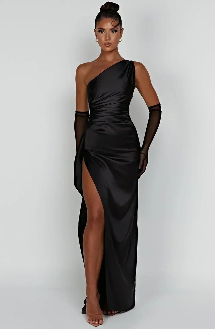 Draped Satin Evening Gown in Black — VerolynBoutique
