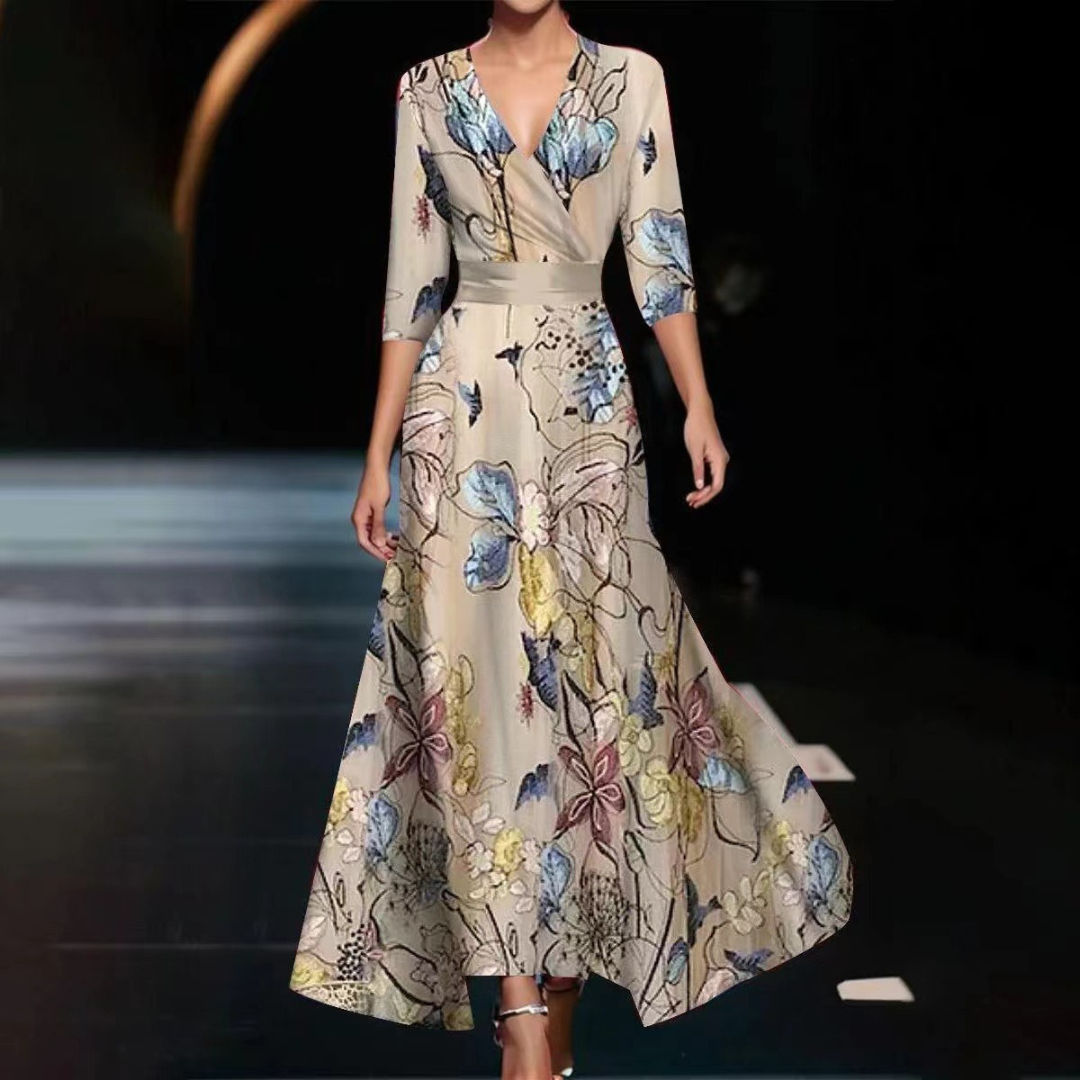 Floral Print Wrap Dress in Beige — VerolynBoutique