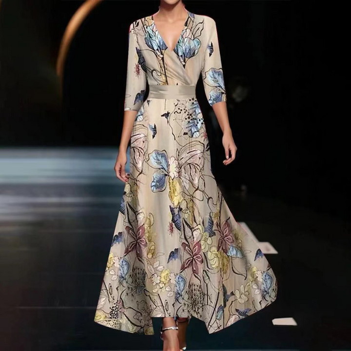 Floral Print Wrap Dress in Beige — VerolynBoutique