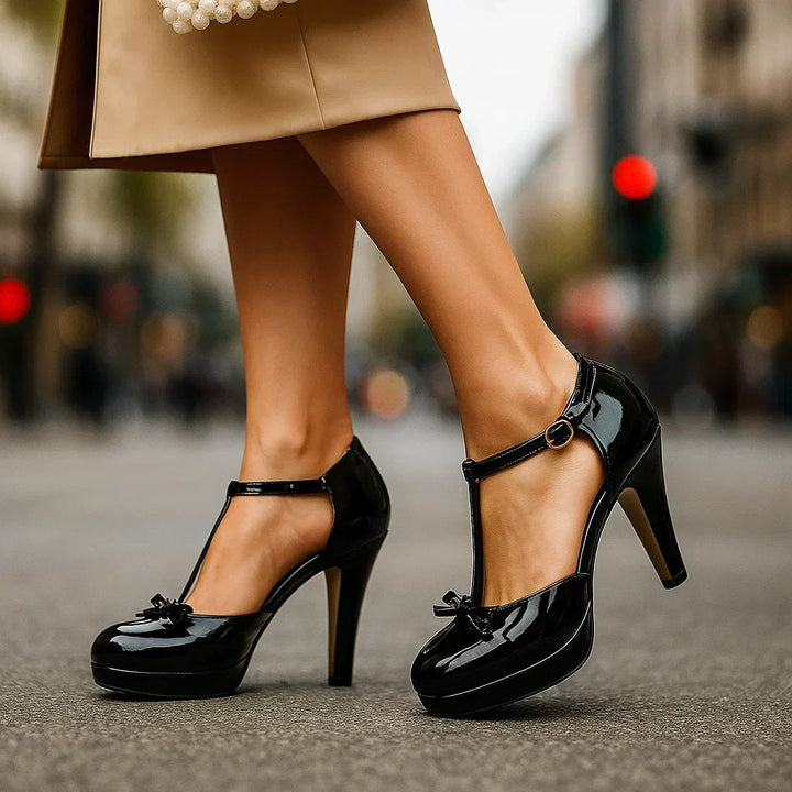 Patent T-Strap Bow Heels in Pink — VerolynBoutique