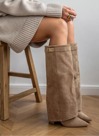 Khaki Suede Fold-Over Boots in Khaki — VerolynBoutique