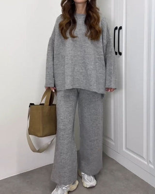 Crew Neck Knit Lounge Set in Light Grey — VerolynBoutique