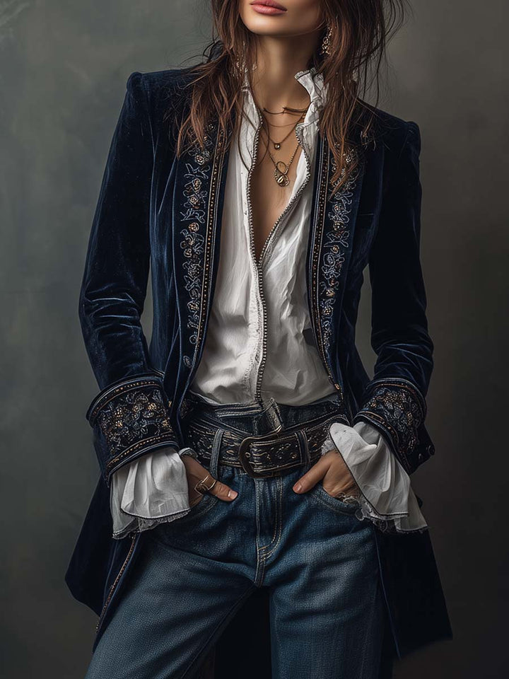 Embroidered Longline Blazer in Navy — VerolynBoutique