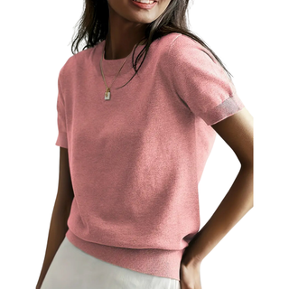 Ribbed Hem Round Neck Top in Light Pink — VerolynBoutique