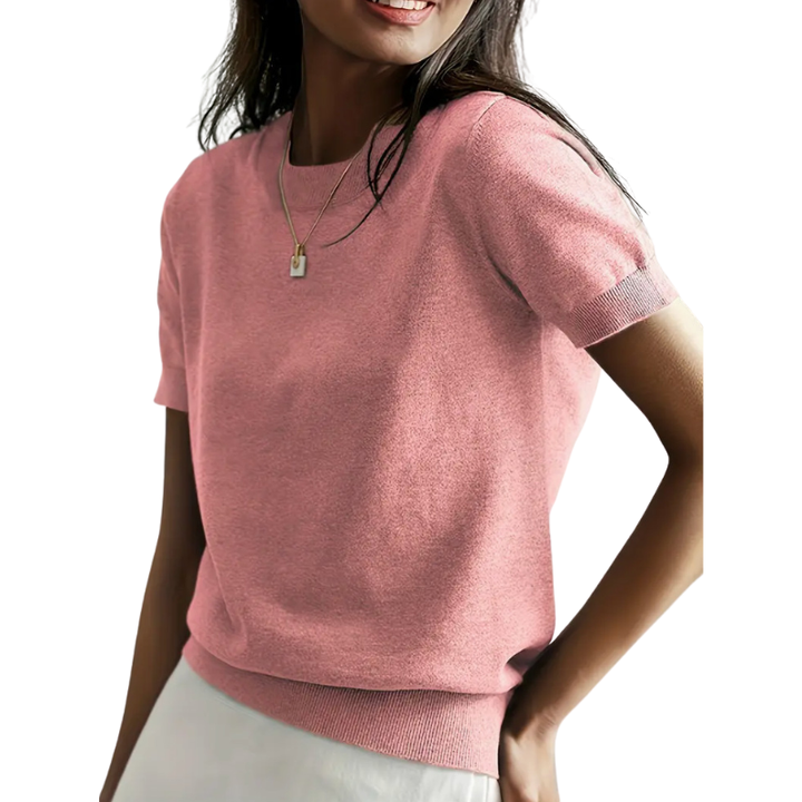 Ribbed Hem Round Neck Top in Light Pink — VerolynBoutique