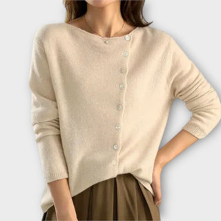 Asymmetric Button Knit Cardigan in Beige — VerolynBoutique