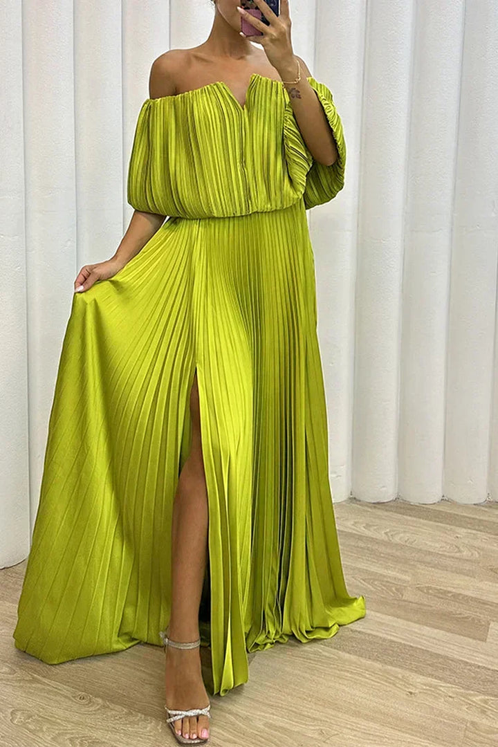 Off-Shoulder Pleated Maxi Dress in Yellow — VerolynBoutique