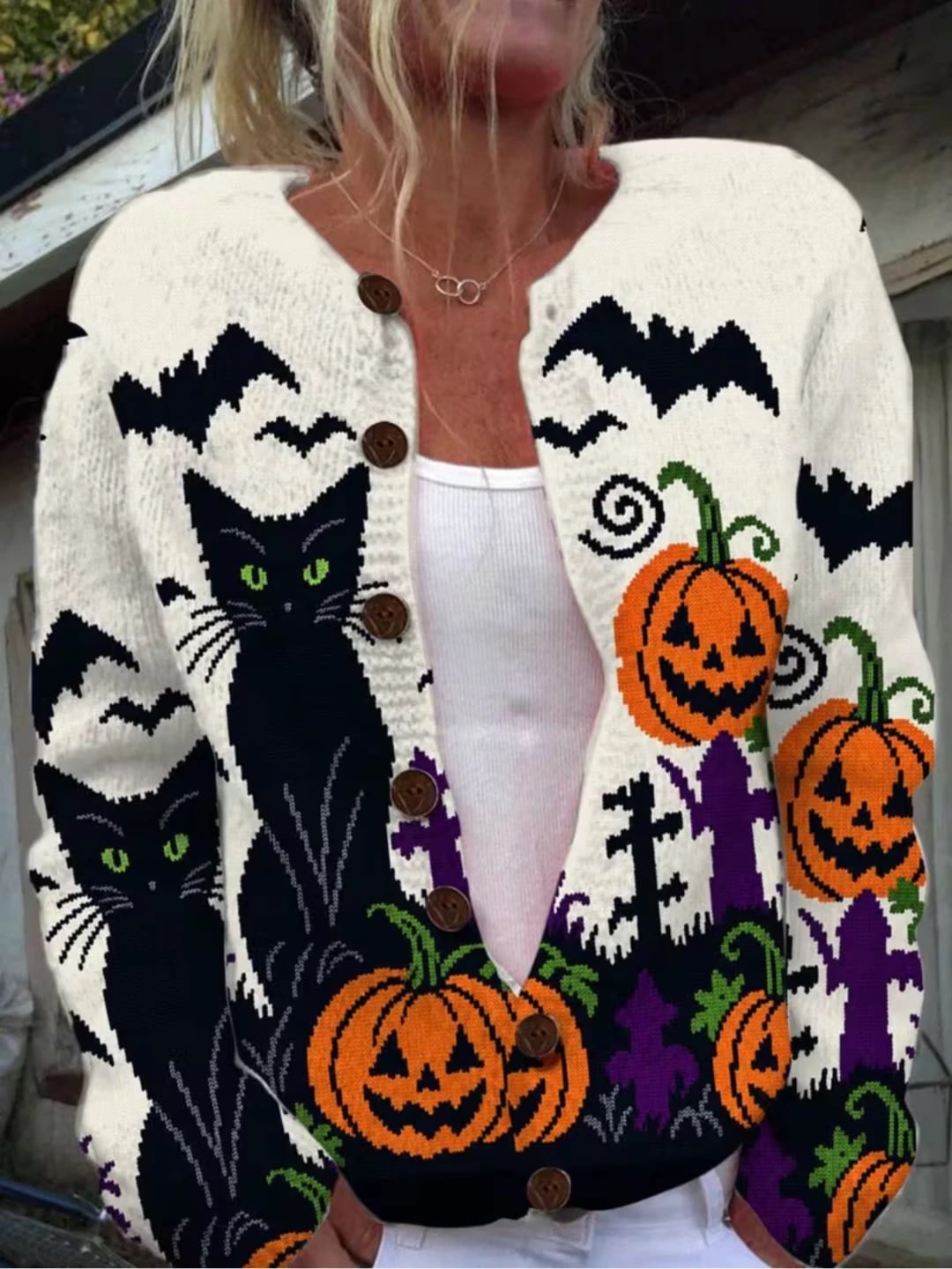 Verolyn black cat pumpkin patch halloween cardigan