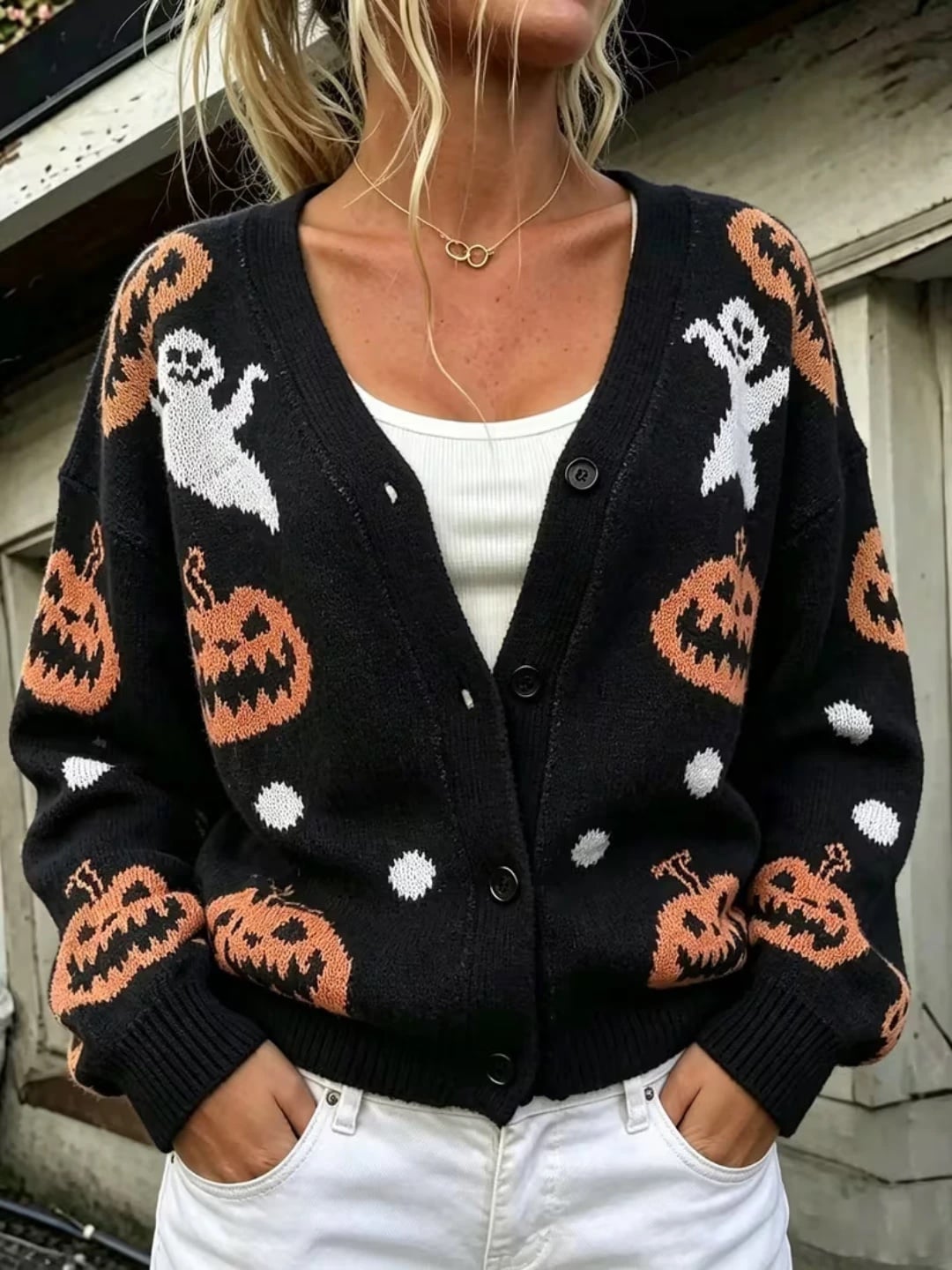 Verolyn black polka dot pumpkin halloween cardigan