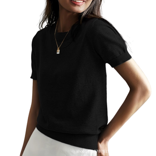 Ribbed Hem Round Neck Top in Black — VerolynBoutique