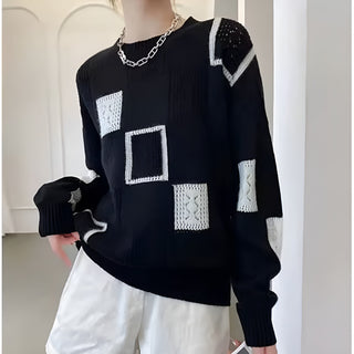 Square Patch Crew Neck Jumper in White — VerolynBoutique