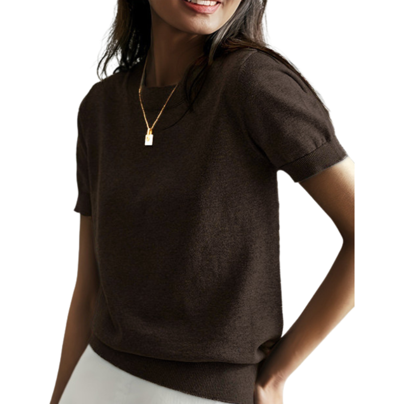 Ribbed Hem Round Neck Top in Brown — VerolynBoutique