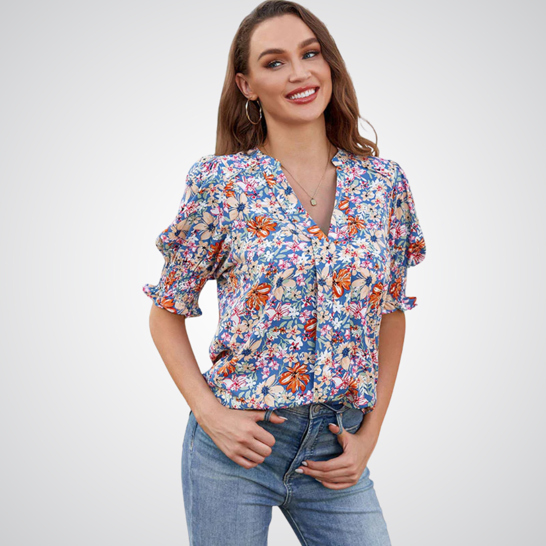 Ruffle Cuff V-Neck Blouse in Purple Floral — VerolynBoutique