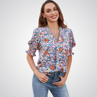 Ruffle Cuff V-Neck Blouse in Purple Floral — VerolynBoutique