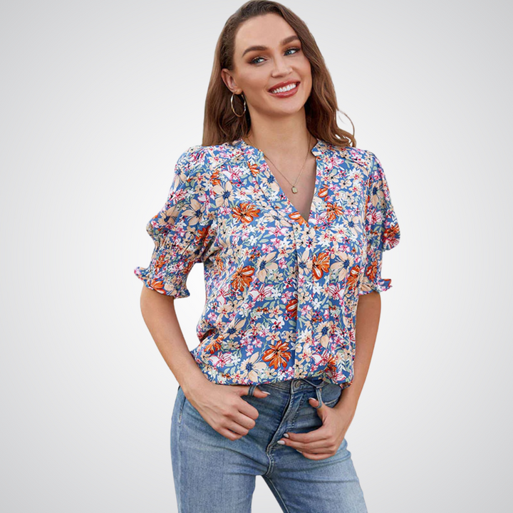 Ruffle Cuff V-Neck Blouse in Purple Floral — VerolynBoutique