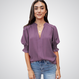 Ruffle Cuff V-Neck Blouse in Purple — VerolynBoutique