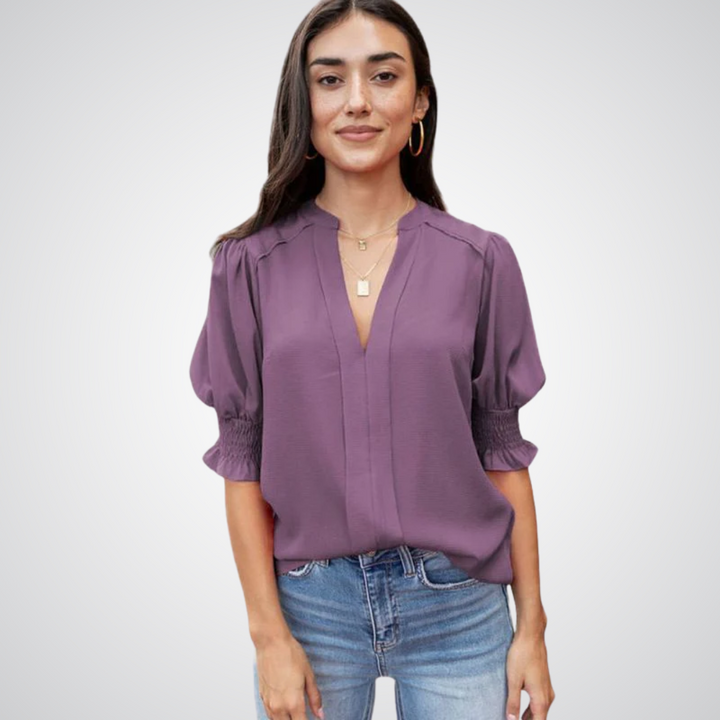Ruffle Cuff V-Neck Blouse in Purple — VerolynBoutique