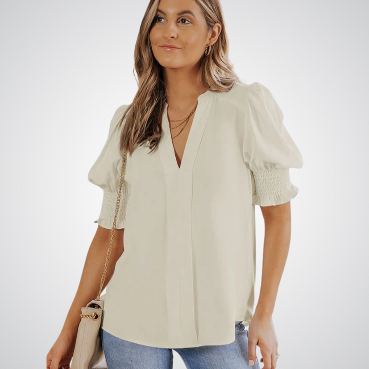 Ruffle Cuff V-Neck Blouse in Apricot — VerolynBoutique
