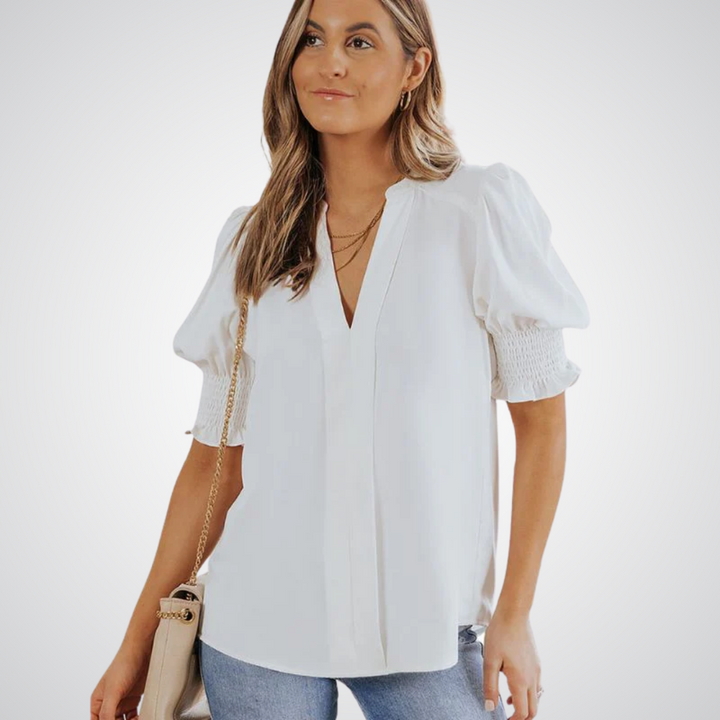 Ruffle Cuff V-Neck Blouse in White — VerolynBoutique