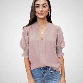 Ruffle Cuff V-Neck Blouse in Pink — VerolynBoutique