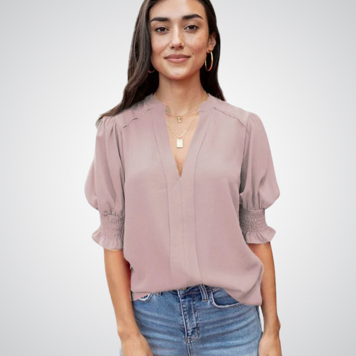Ruffle Cuff V-Neck Blouse in Pink — VerolynBoutique