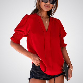 Ruffle Cuff V-Neck Blouse in Red — VerolynBoutique