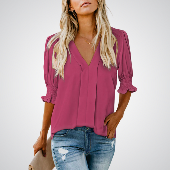 Ruffle Cuff V-Neck Blouse in Fuchsia — VerolynBoutique