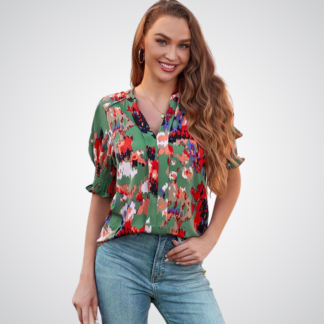Ruffle Cuff V-Neck Blouse in Green Abstract — VerolynBoutique