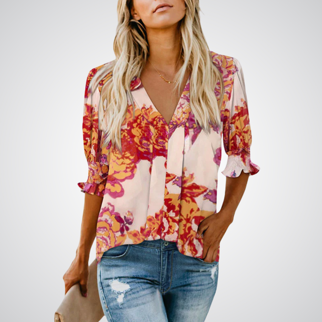 Ruffle Cuff V-Neck Blouse in Orange Floral — VerolynBoutique