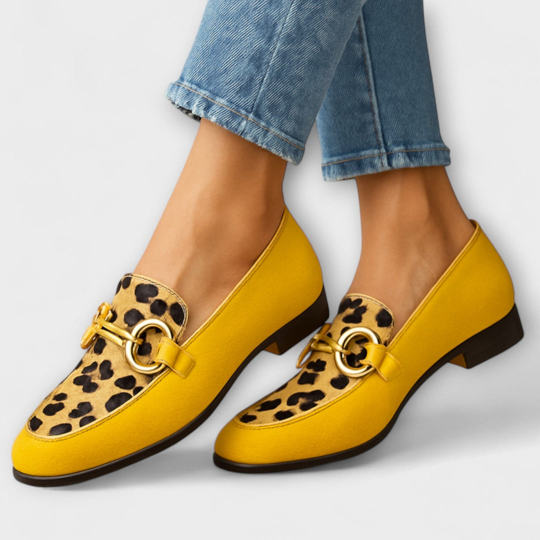 Leopard Panel Buckle Loafers in Yellow — VerolynBoutique