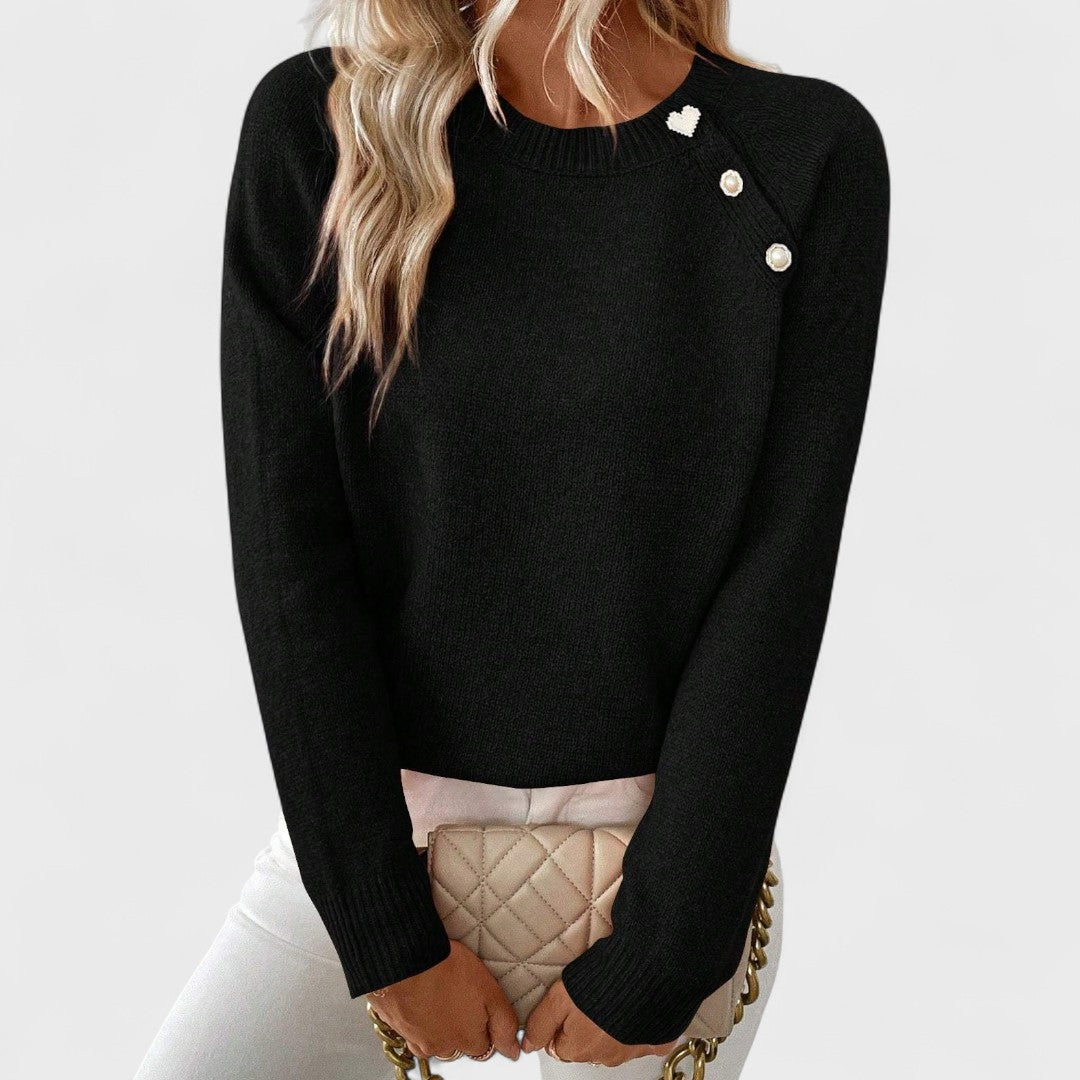 Button Shoulder Crew Neck Jumper in Black — VerolynBoutique