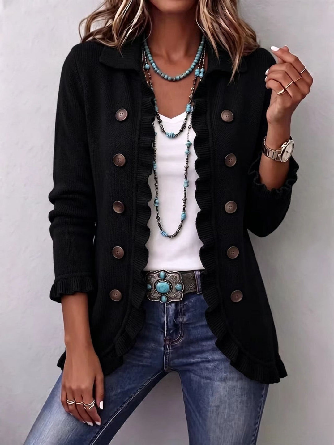Verolyn black ribbed ruffle jacket in black