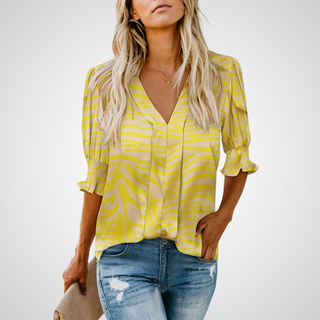 Ruffle Cuff V-Neck Blouse in Yellow — VerolynBoutique