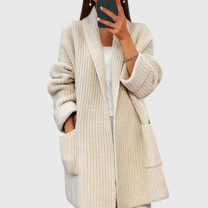 Longline Ribbed Pocket Cardigan in Beige — VerolynBoutique