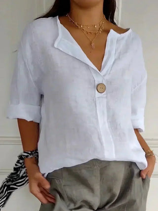 Single Button V-Neck Blouse in White — VerolynBoutique