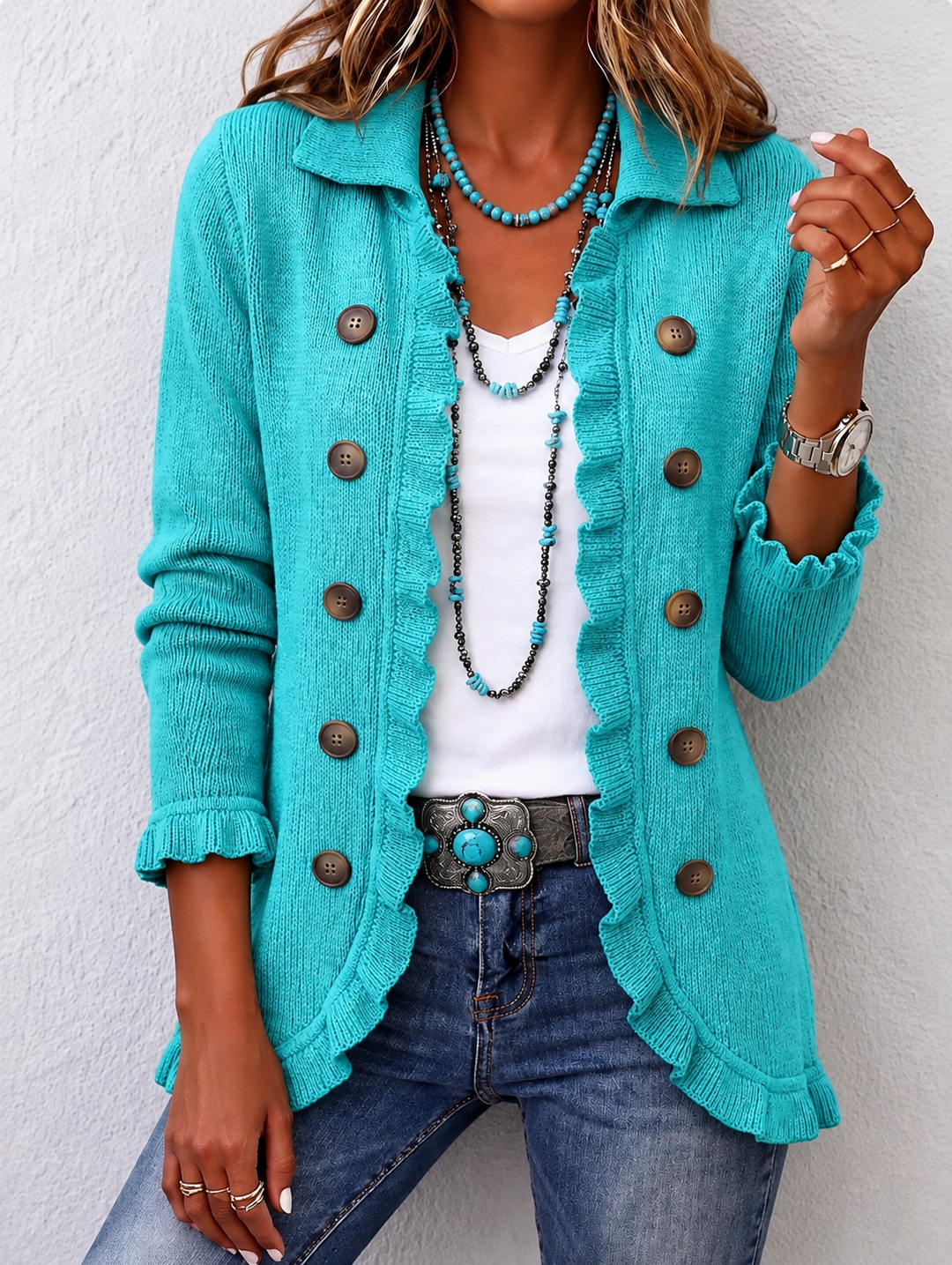 Verolyn turquoise ribbed ruffle jacket in turquoise