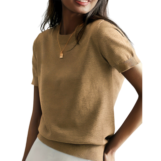 Ribbed Hem Round Neck Top in Camel — VerolynBoutique