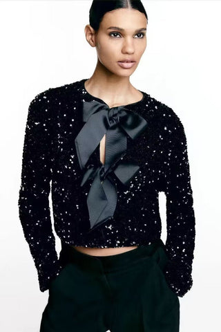 Verolyn - Sequin Bow Neck Blouse