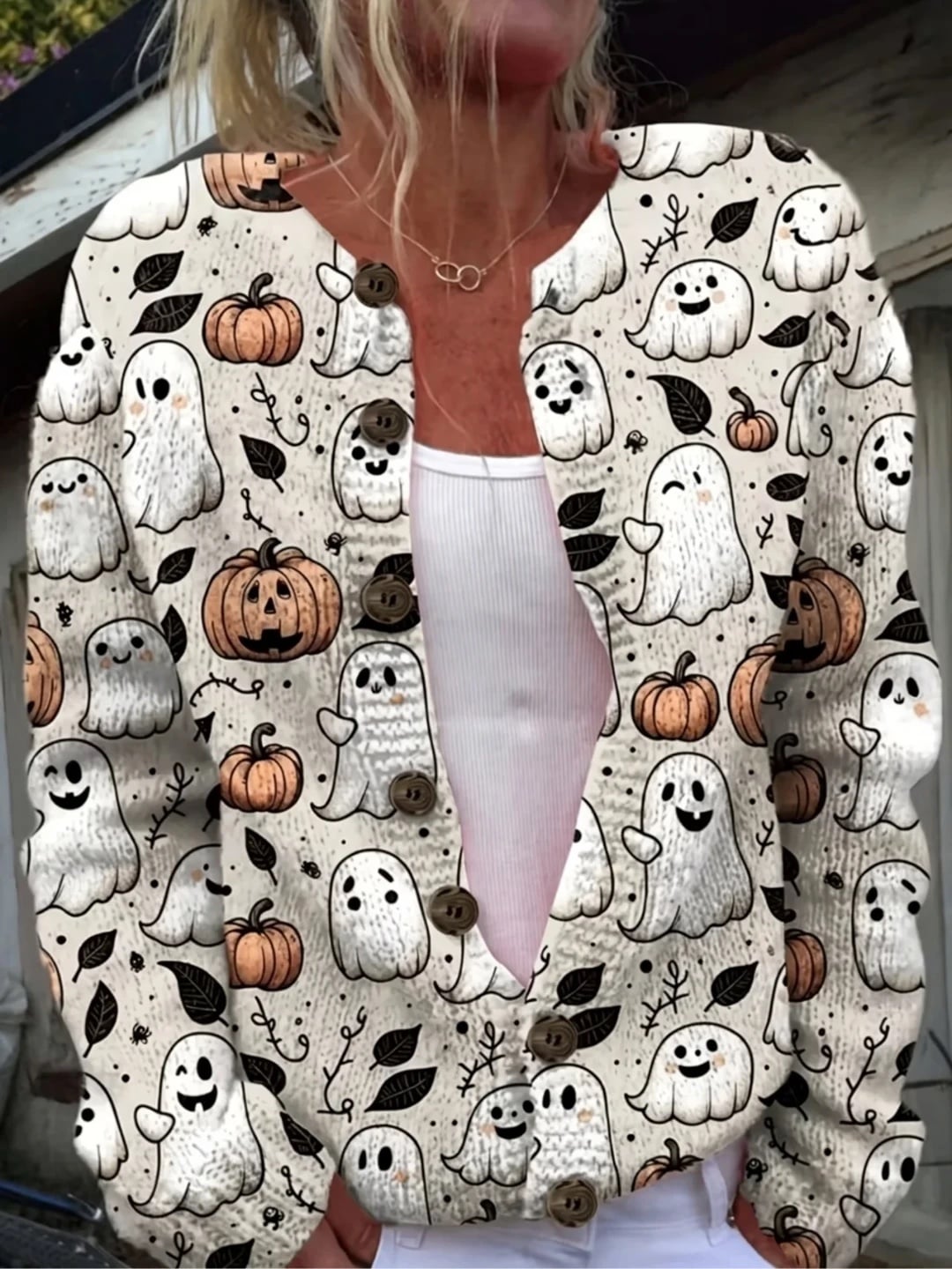 Verolyn cream ghost and pumpkin halloween cardigan