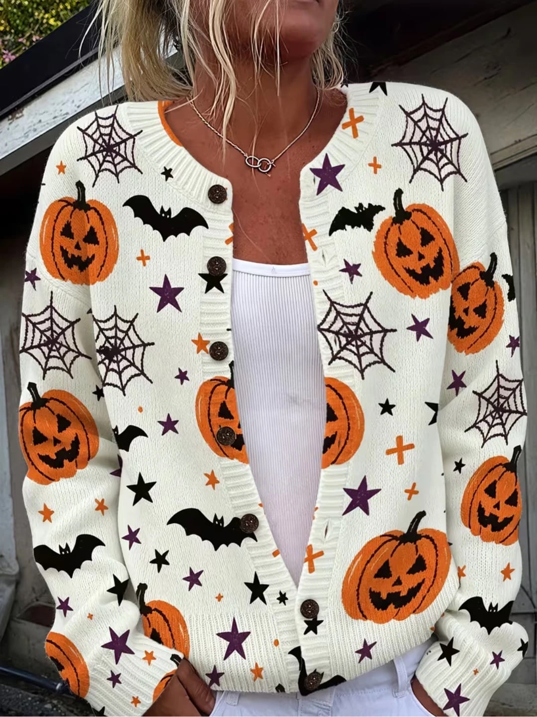 Verolyn cream pumpkin and spiderweb halloween cardigan