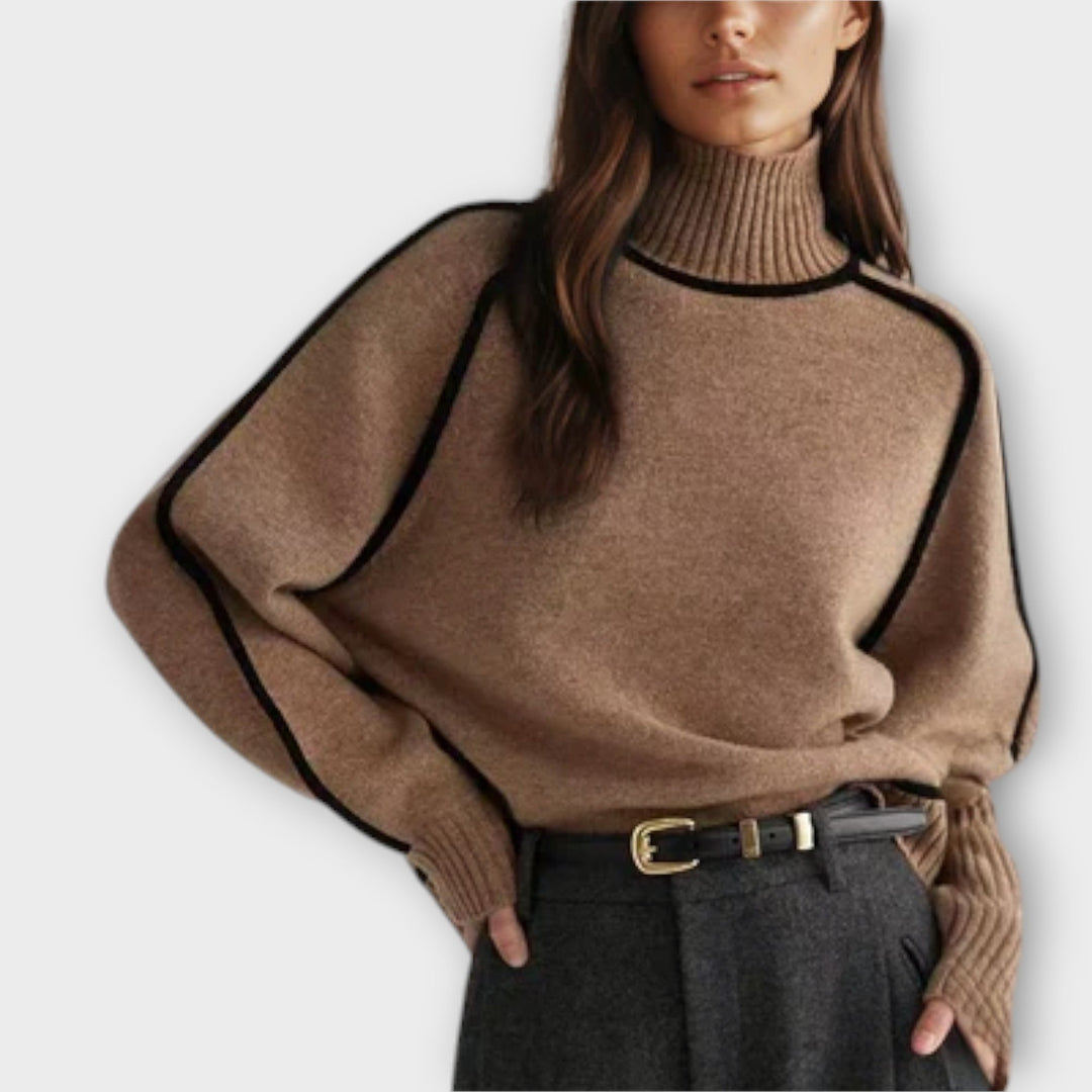 Piped Seam High Neck Jumper in Brown — VerolynBoutique