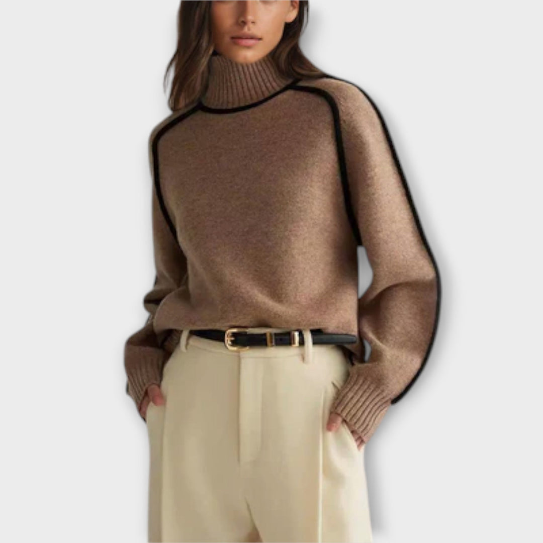 Piped Seam High Neck Jumper in Brown — VerolynBoutique