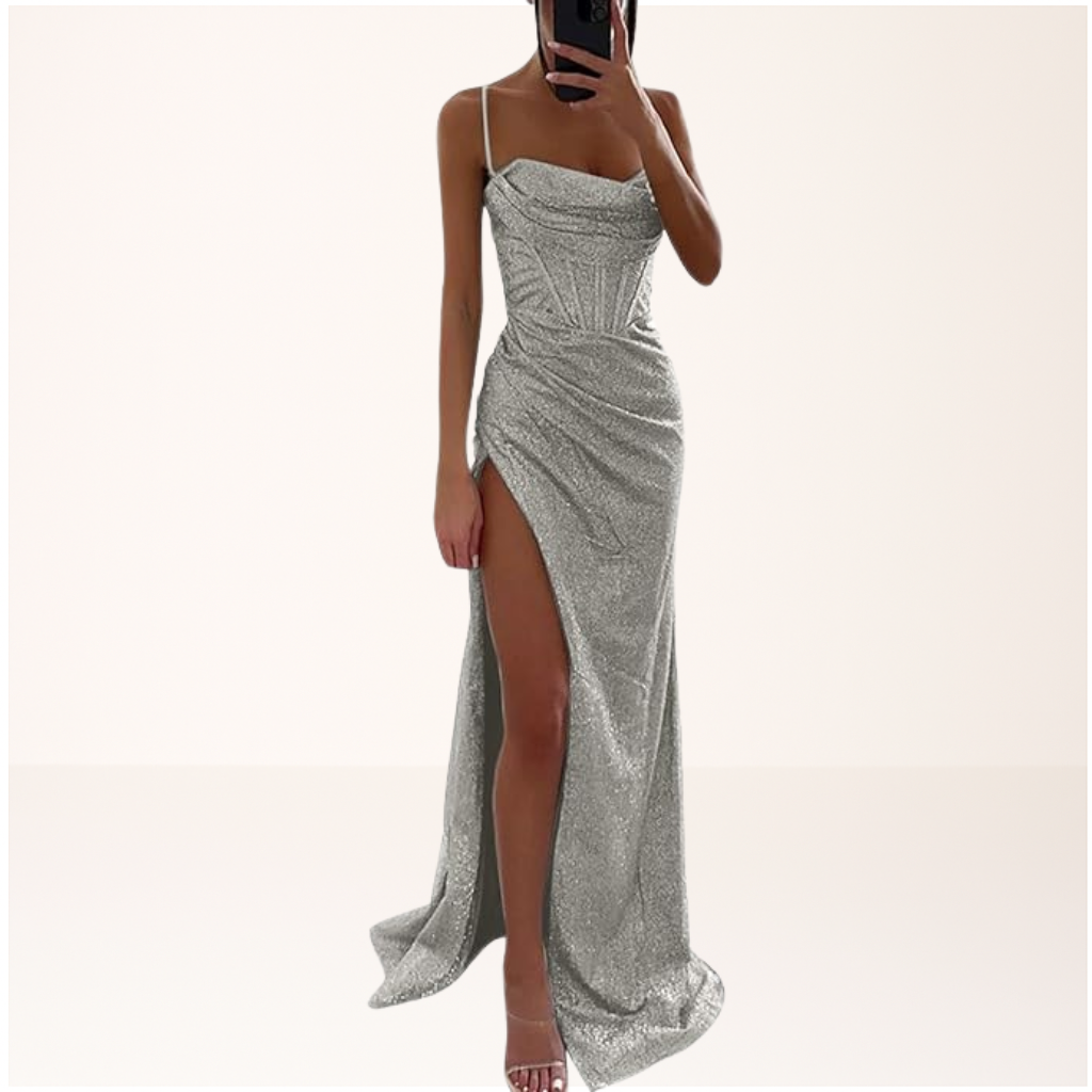 Sequin Slit Maxi Dress in Light Grey — VerolynBoutique