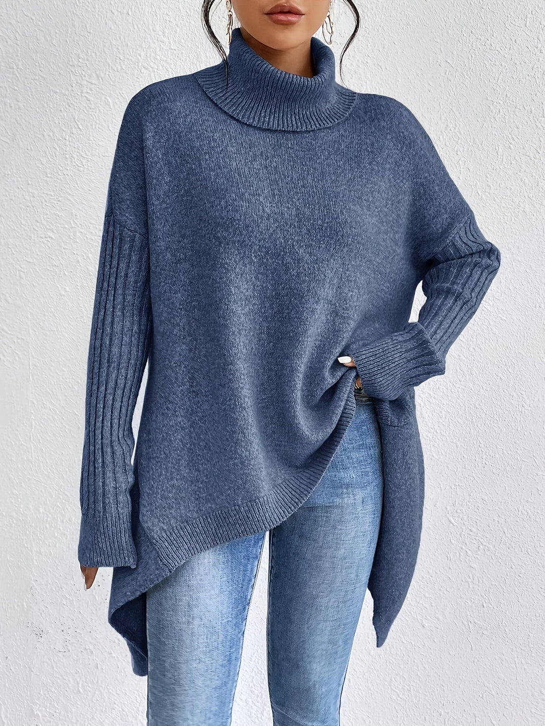Asymmetric Hem Turtleneck Jumper in Blue — VerolynBoutique