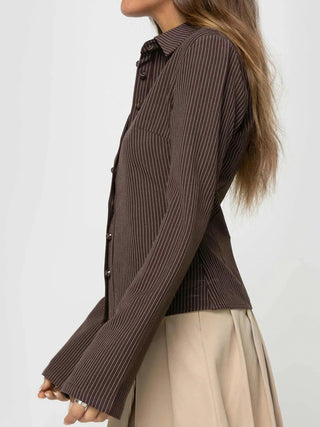 Flared Sleeve Collared Button Top in Brown — VerolynBoutique