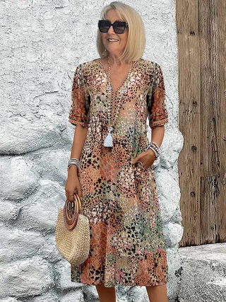 Tiered Print Midi Dress in Rust — VerolynBoutique